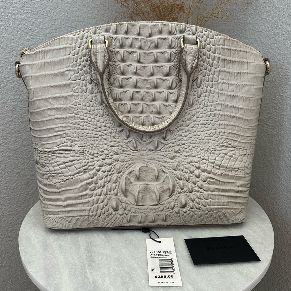 Brahmin Cream Croc-Embossed Satchel